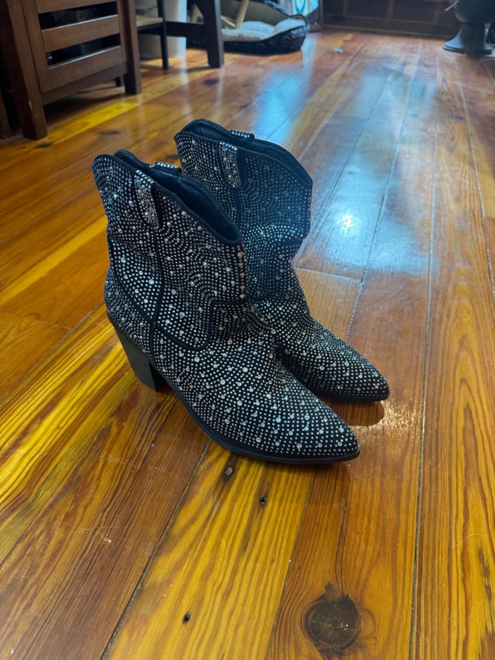 Black Rhinestone Western Ankle Boots